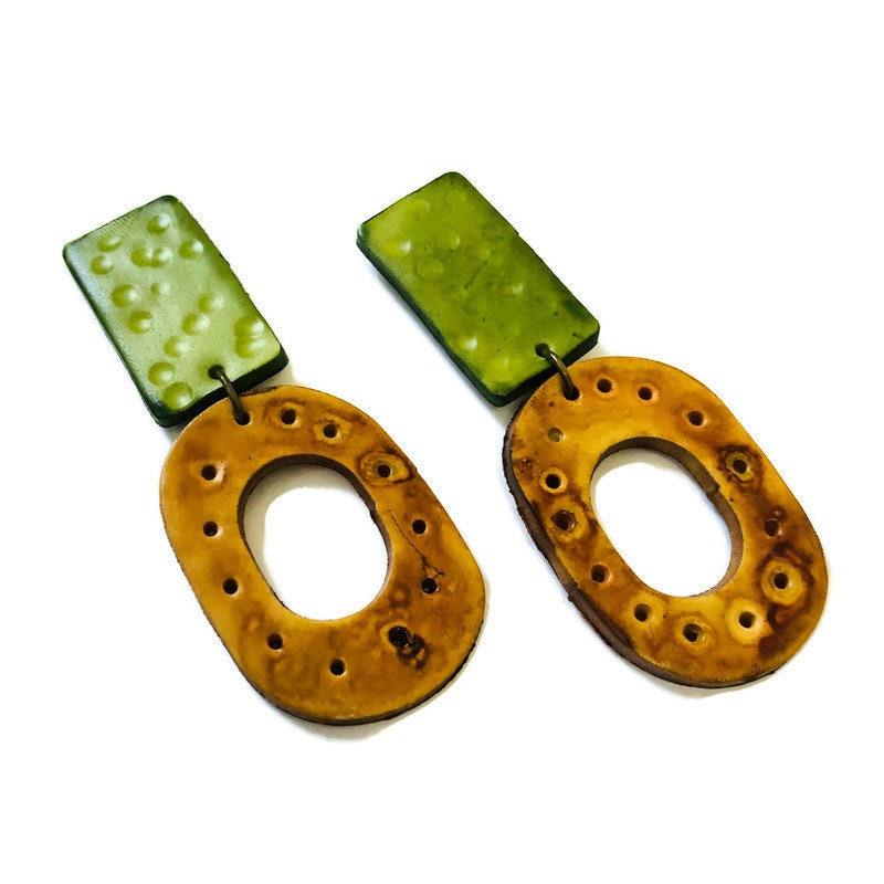 Long Statement Earrings Mustard Yellow & Green